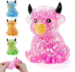 Glitter Highland Cow Squishy, Mini Cute Animal Squeeze Toy for Adults, Slow Rising Sensory Fidget Stress Ball for Anxiety Relief,  Jelly Filled Gummy Aromatherapy Super Gel Stretchy