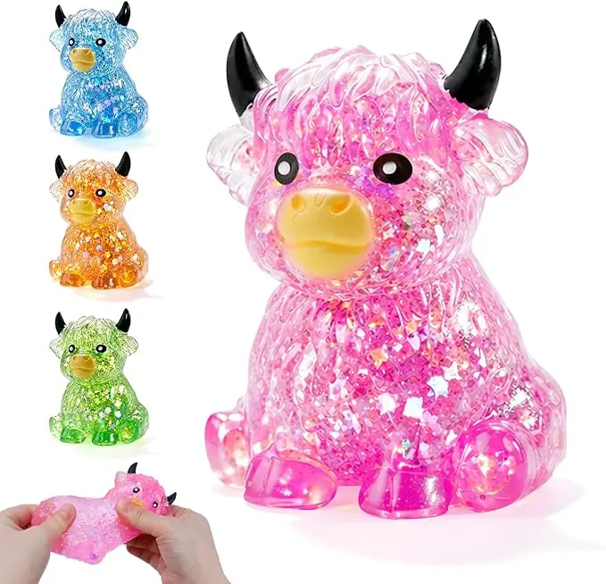 Glitter Highland Cow Squishy, Mini Cute Animal Squeeze Toy for Adults, Slow Rising Sensory Fidget Stress Ball for Anxiety Relief,  Jelly Filled Gummy Aromatherapy Super Gel Stretchy