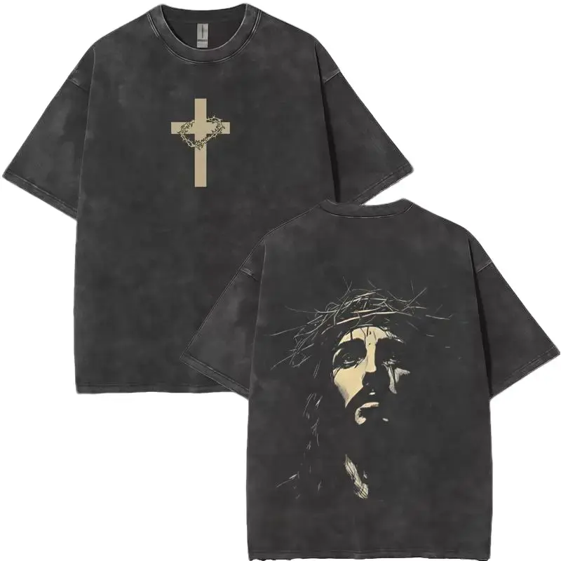 Men's Washed Shortsleeve T-Shirt with Funny Jesus Crown of Thorns Graphic Print, God-Inspired Christian Apparel for Everyday, Top, Fitted, Vintage