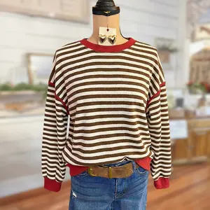 SageVell Women's Casual Striped Sweatshirt Brown and White Knit Pullover with Red Trim Loose Long Sleeve Top Cotton Blend Retro Style