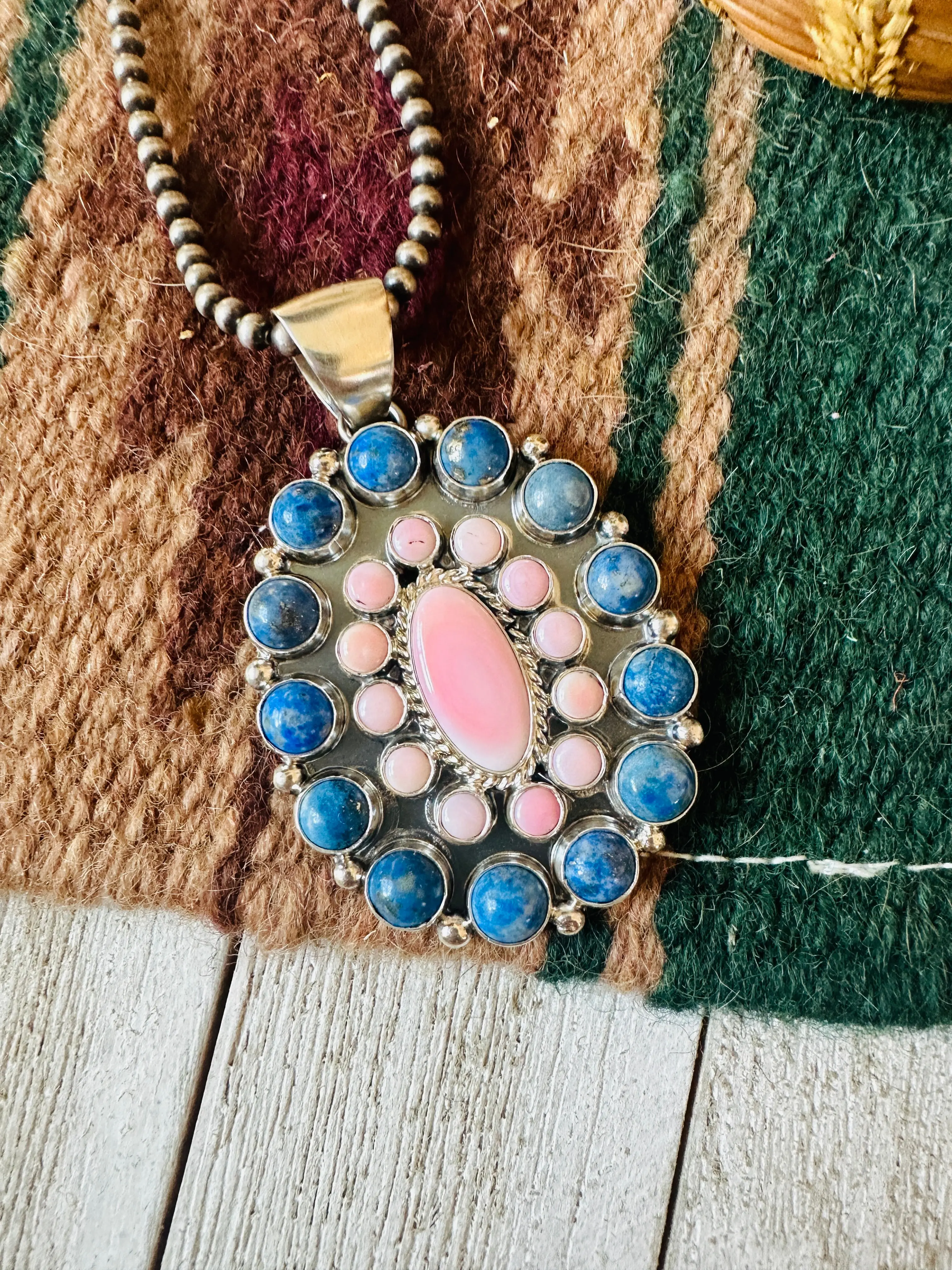 Handcrafted Queen Pink Conch, Lapis & Sterling Silver Cluster Pendant