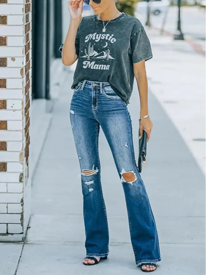 High Waist Distressed Flare Jeans That Slim & Lift, Stretchy Ripped Denim Pants