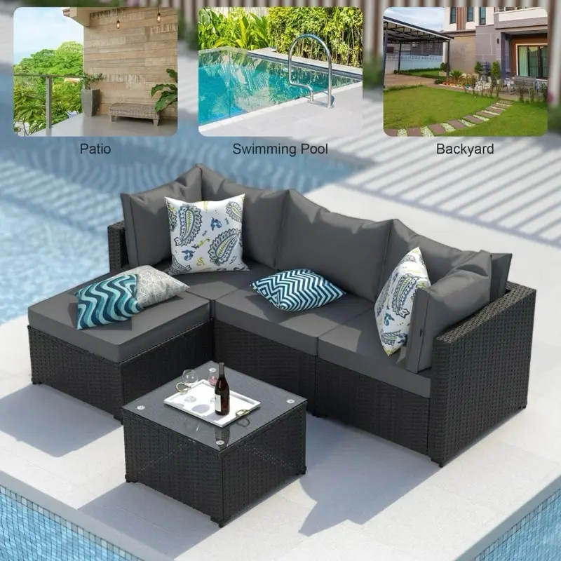 5PCS Outdoor Patio Conversation Sectional Set Wicker Rattan Conversation Set