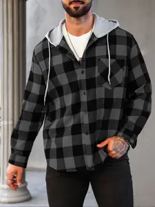 1PCS Men's Long Sleeve Hooded Oversized Sweatshirt Jacket, Fashion Plaid Checkered Design, Casual Sporty Streetwear, Perfect for Layering and Daily Wear
