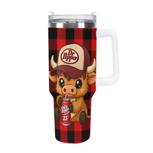 [ On Sale 45% ] Cute Highland Cow 40oz Tumbler with Handle Straw Buffalo Plaid 23 Flavors Soda Graphic Insulated Travel Mug Western Country Cow Gift