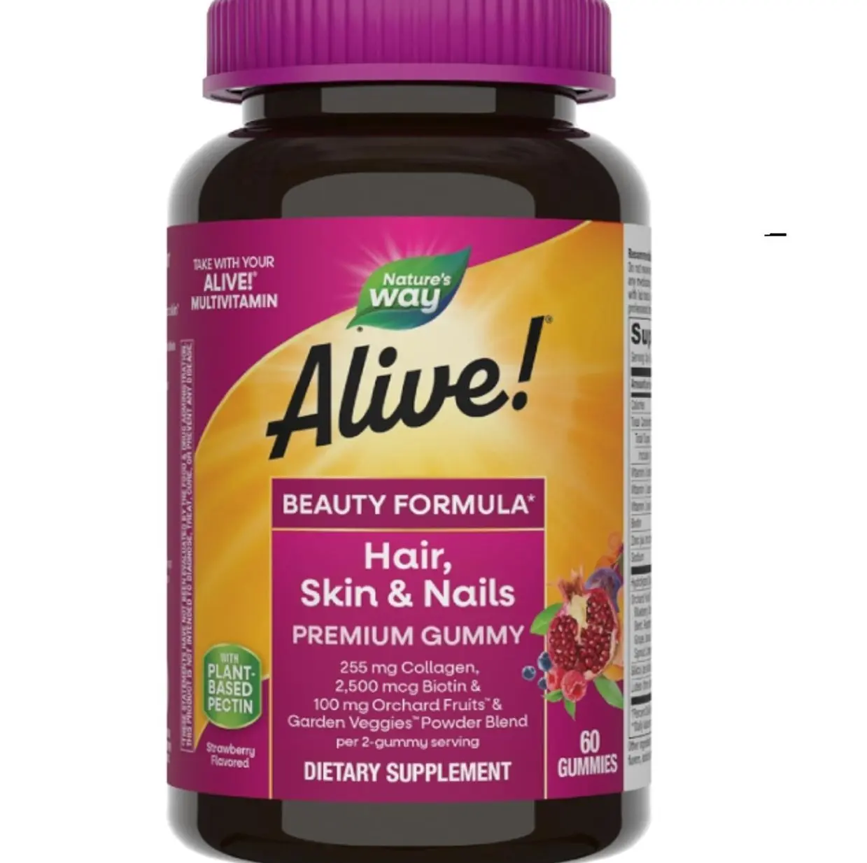 Nature's Way Alive! Hair, Skin & Nails Premium Gummies, Beauty Formula*, with Collagen, Biotin, Vitamins C & E, Strawberry Flavored, 60 Gummies