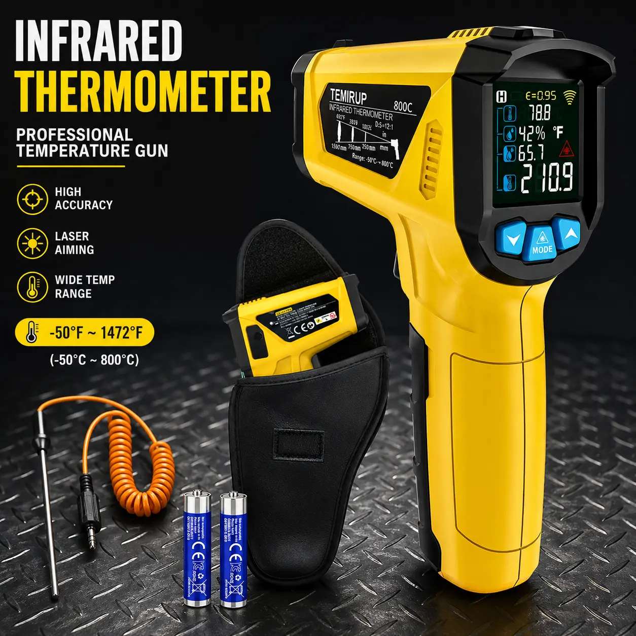 TEMIRUP Infrared Temperature Gun -58~1472°F with Probe, Adjustable Emissivity, for Pizza Oven Grill Engine & Cooking