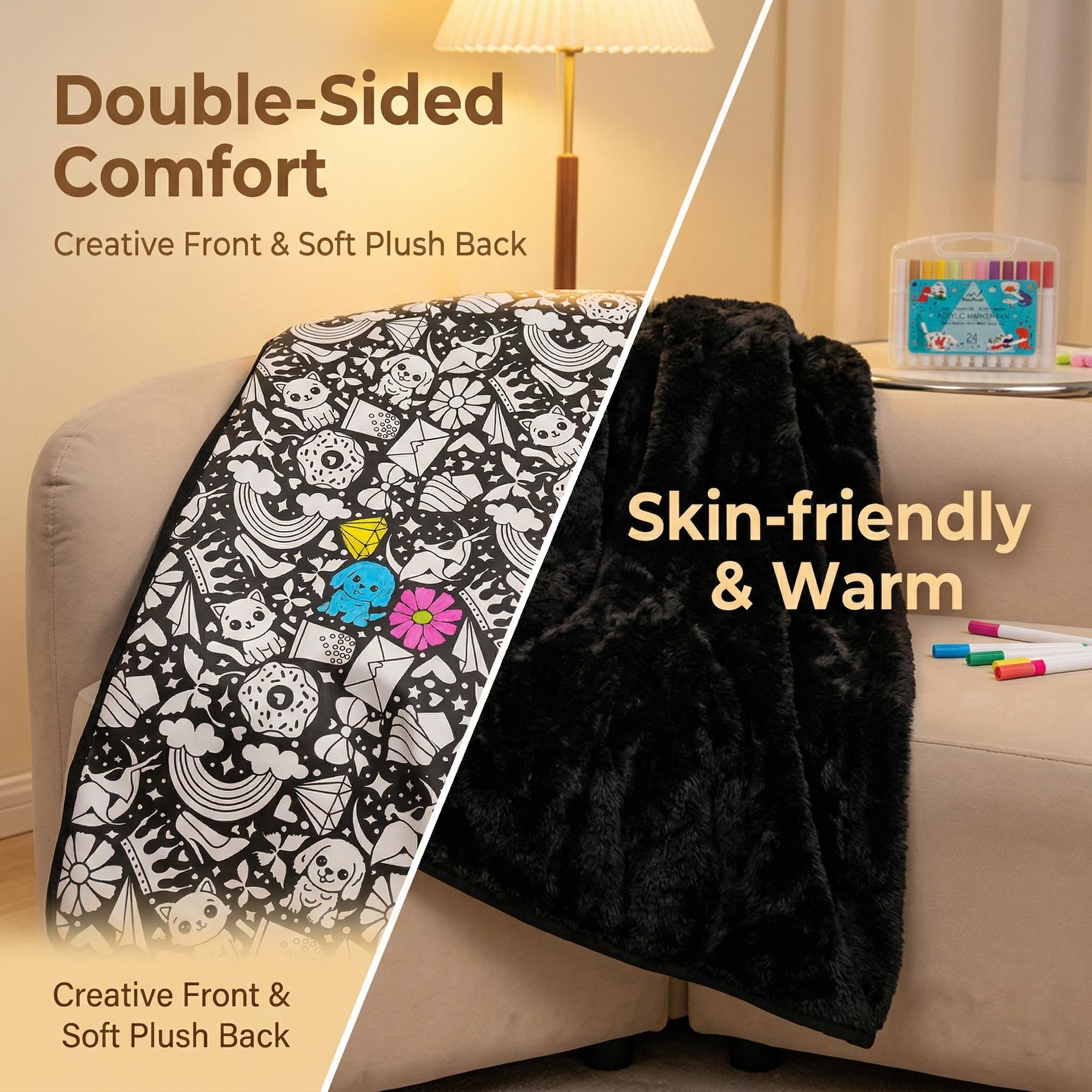 Large Coloring Blanket Double-Sided Plush Cartoon Design for Kids Adults Wall & Room Decor Art DIY Ornament