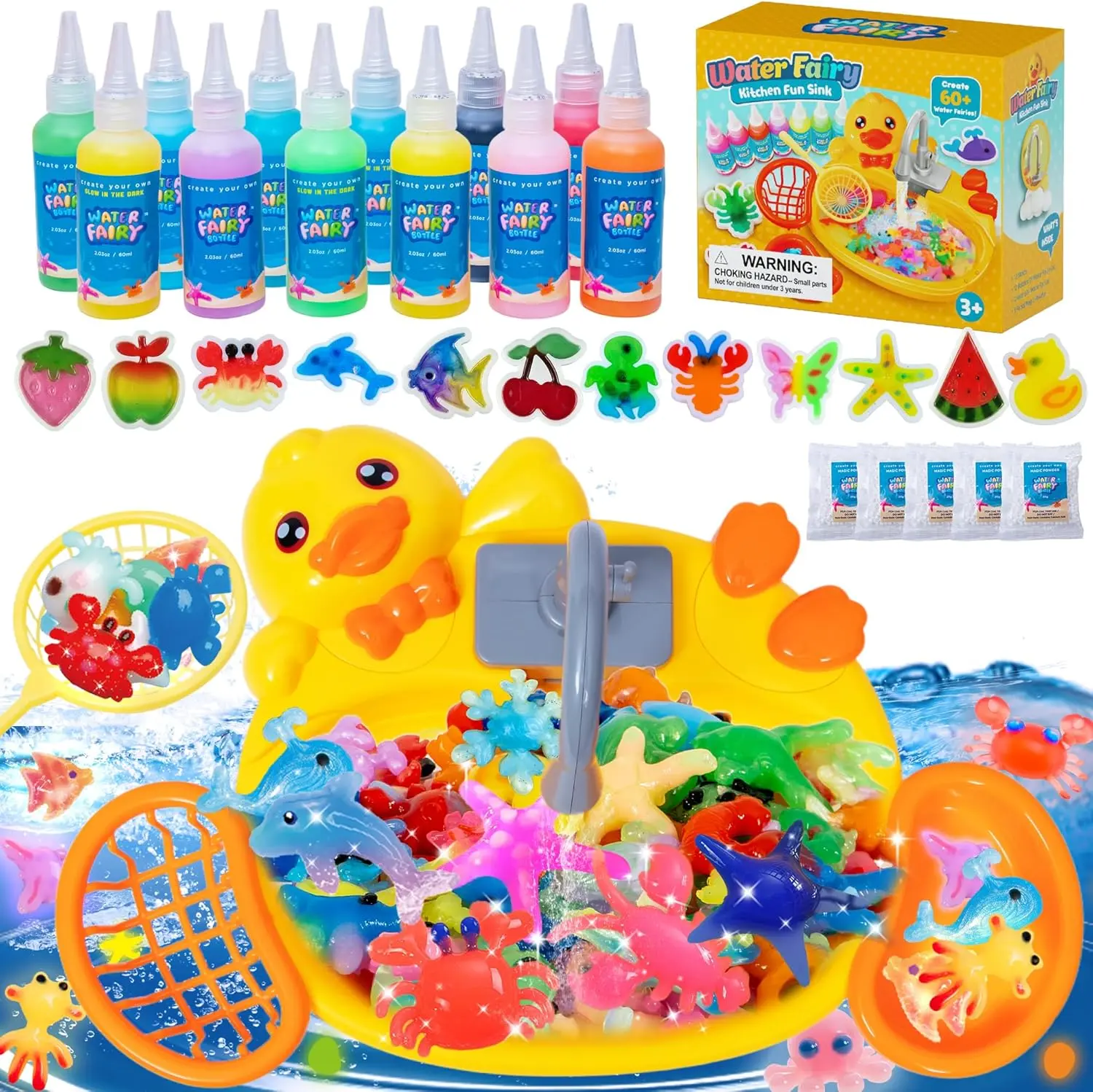 JoySpot Magic Water Elf Toy Set - Duck Pool DIY GelAnimals, 12 Paints, 12 Molds, Non-Toxic STEM Sensory Toyfor Kids