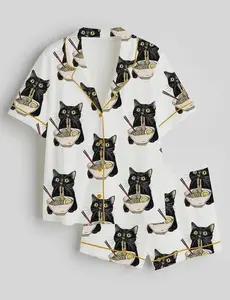Personalized Noodle Cat Satin Pajama Set, Funny Women's Sleepwear, All-over Print Kid and Youth Satin Short-Sleeve Pajamas Set