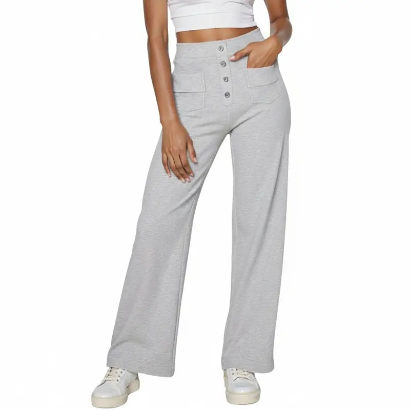 FireSwan High Waist Button Multi-Pockets Straight Leg Sweatshirt Pants Outdoor Style Comfortable Sports Bib Pants Women's Relaxed Pants Stretch