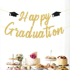 Happy Graduation Banner Gold Glitter graduation banner congrats grad banner for Celebrate Graduation Party Decorations Supplies School Grad Party Decorations
