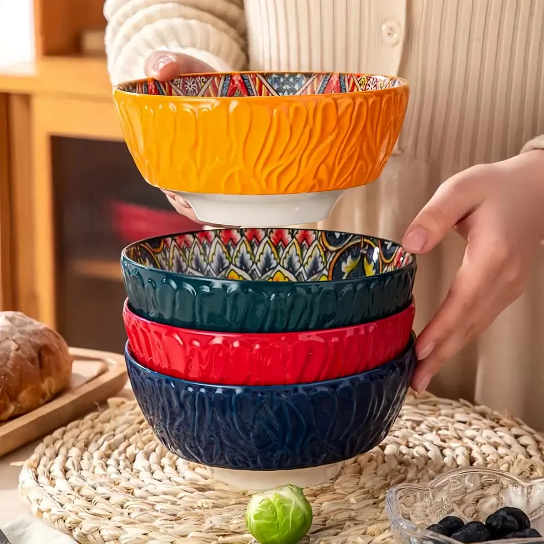 Colorful Ceramic Bowl Set, Boho Style Bowl, Serving Bowl, Salad Bowl, Dessert Bowl, Cereal Bowl, Ceramic Pasta Bowls, Suitable for Oatmeal, Salad, Pasta and Dessert