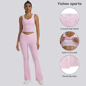 Yizhen Sports 2-in-1 Athleisure Set - Chic Pink Flared Workout Set with Built-in Bra Pad & Crossed High Waist for Sweat Sessions & Chill Time All Season Activewear Tracksuit Outfit