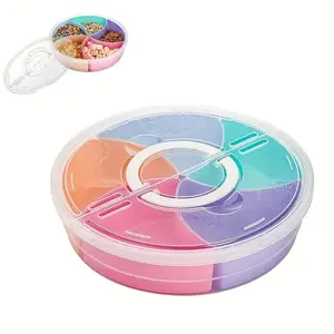 Fruit Snack Tray with Lid, 12.2-Inch Circular Appetizer Platter, 5 Colorful Compartments, Ideal for Parties, 1 Count