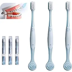 V-Shaped Orthodontic Toothbrush Dental Brush for Braces, for Kids/Teens/Adult, for Sensitive Teeth, for Delicate Gums, Soft Bristles, Toothbrush for Braces, with Tongue Cleaner, Blue, 3pcs
