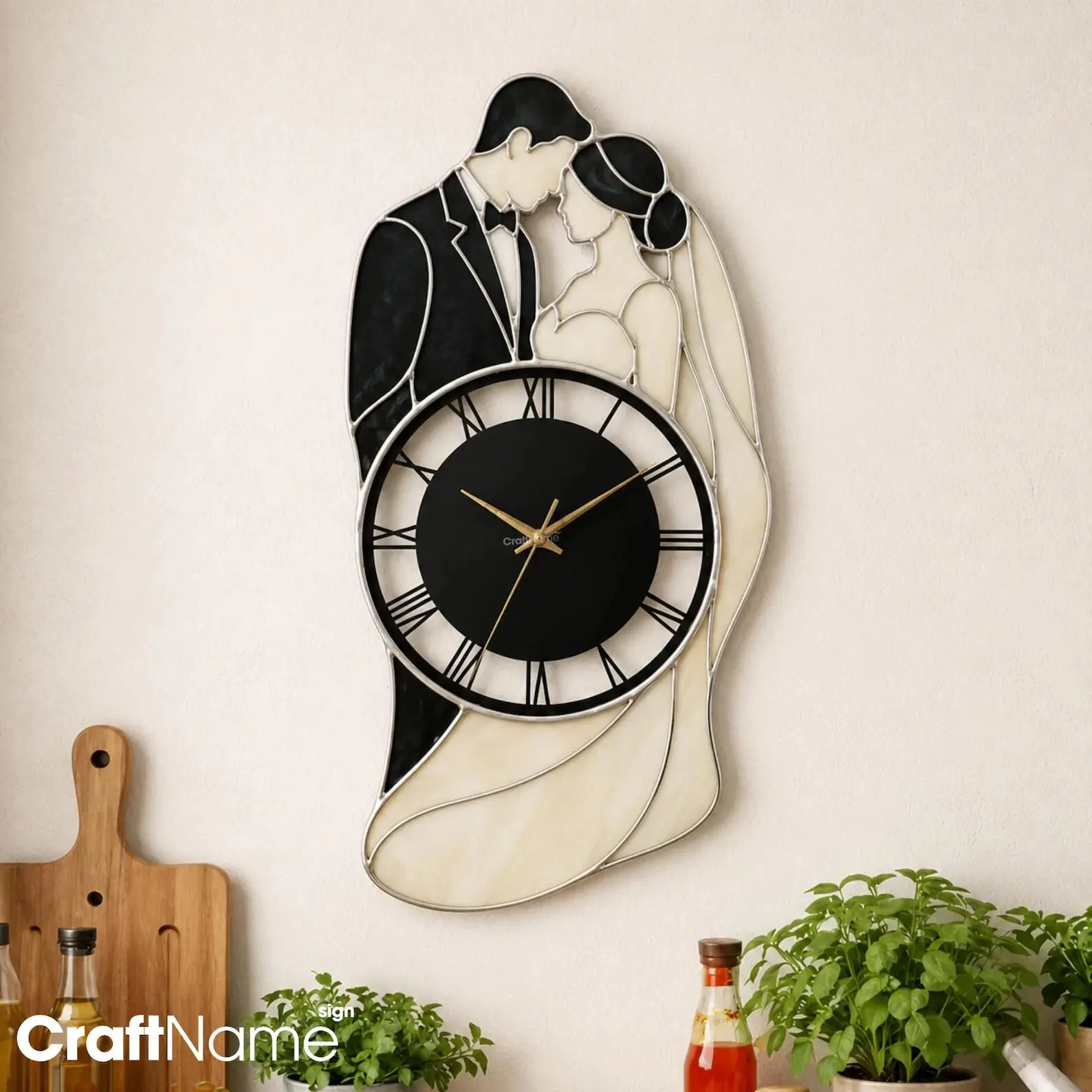 CraftNameSign Wedding Stained Glass Wall Clock | Bride and Groom Clock | Romantic Couple Wall Decor | Anniversary Gift | Roman Numeral Wall Clock | Husband And Wife Gift