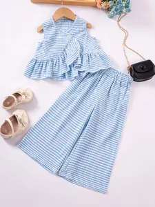 Girls' Cute 2-Piece Set, Summer Clothing Set, Striped Sets, Summer Plaid Ruffle Sleeveless Blouse and Wide Leg Pants, Valentine's Day Gift, Casual Fashion, Girl Clothes School, 3-8 Years, Fine Girls Outfit