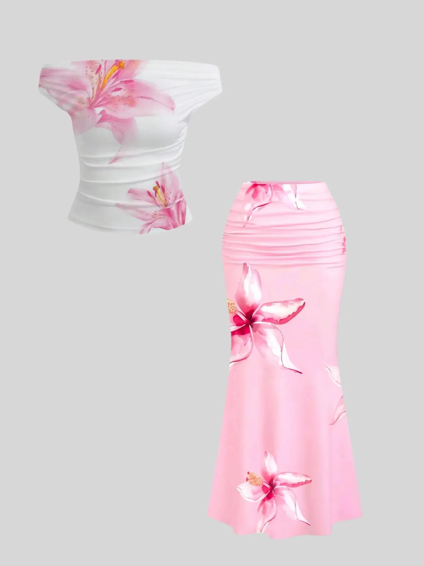 Elegant Floral Print One-Shoulder Fitted Top and High-Waisted Fish Tail Skirt Set, Outfit, Sweet Vacation for Girls, Stylish Summer Ensemble, Chic, Womenswear, Elegance