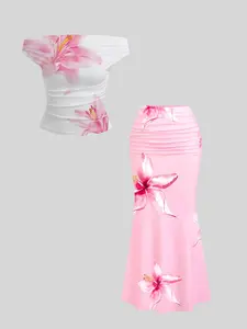 Elegant Floral Print One-Shoulder Top and High-Waisted Fish Tail Skirt Set, Sweet Vacation for Girls, Stylish Summer Ensemble, Chic, Womenswear