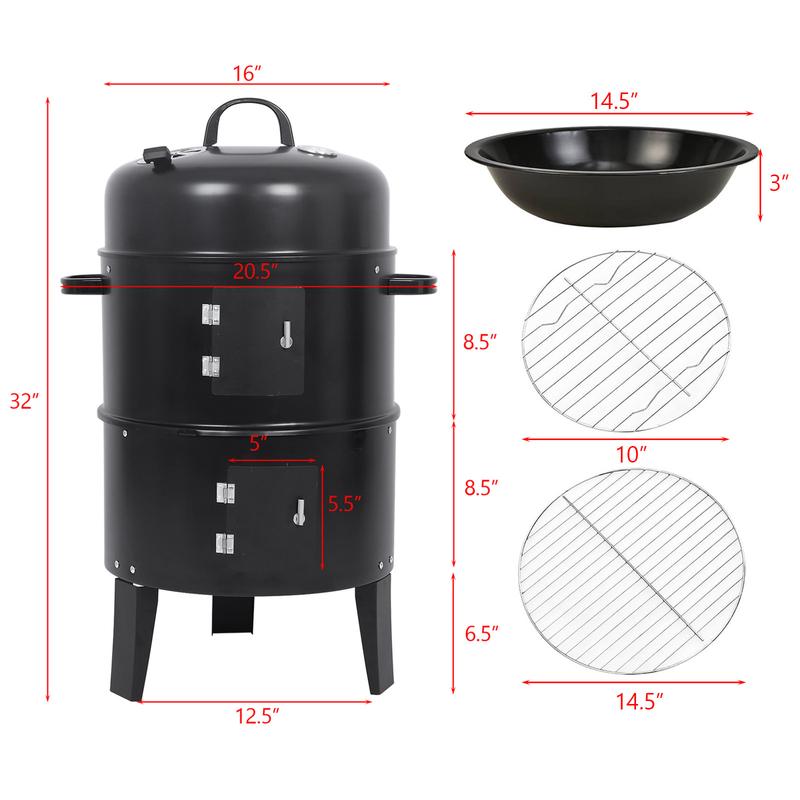 3-in-1 Portable BBQ Smoker Grill - Multi-Layered Detachable Cooker with Thermometer for Outdoor Grilling & Camping