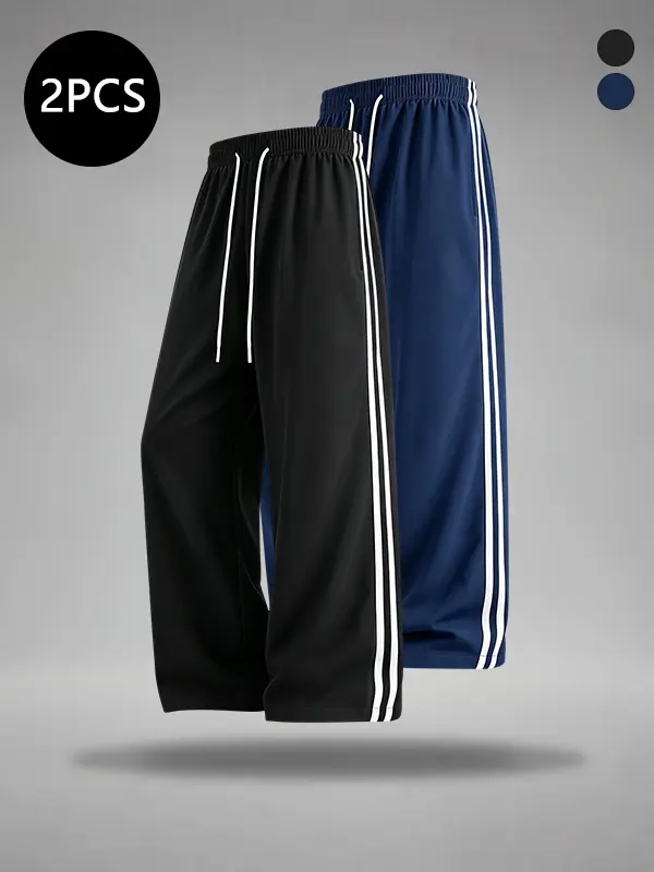 Men’s summer straight-leg striped long pants, baggy wide-leg sweatpants for gym workouts, running, and fitness activities—trendy high-street style, versatile men’s long pants for summer.