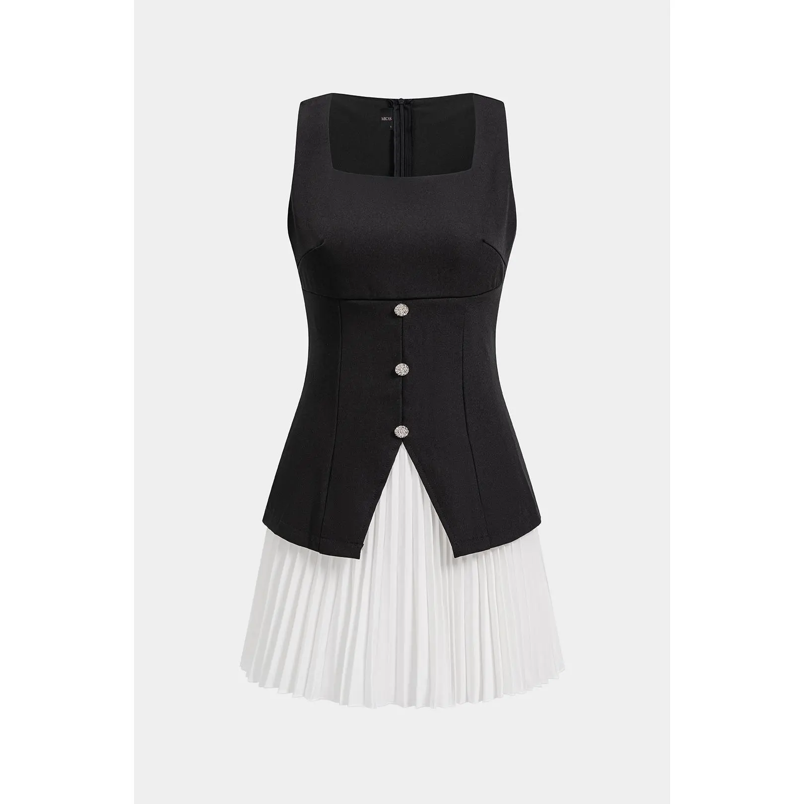 Patchwork Square Neck Metallic Button Sleeveless Mini Dress