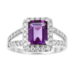 0.97 Ct Octagon Purple Amethyst and Moissanite Prong Silver Halo Statement Ring