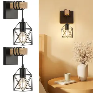 Hardwired Wall Light Set, E27 Socket Farmhouse Wall Hanging Lamp, Vanity Light, Bathroom Metal Shade, Wooden Country Style, Modern Rustic Lamps
