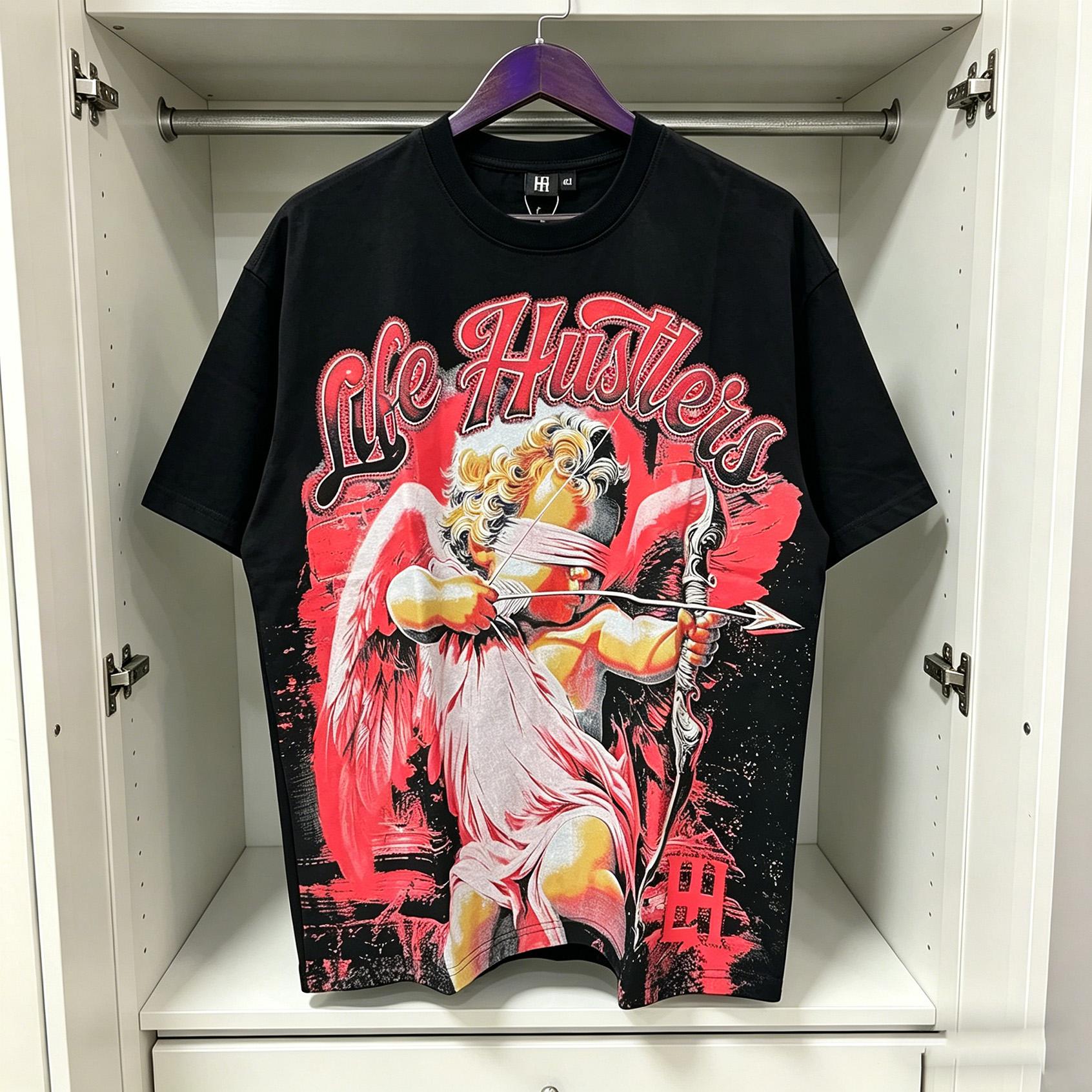 Praying Angel Shining Diamond Cotton T Shirt Oversized Graphic Tee Crew Neck Loose Fit Streetwear Summer Outfit Unisex Top TikTok Viral Trend Y2K Hip Hop Urban Casual High Street Fashion Tee