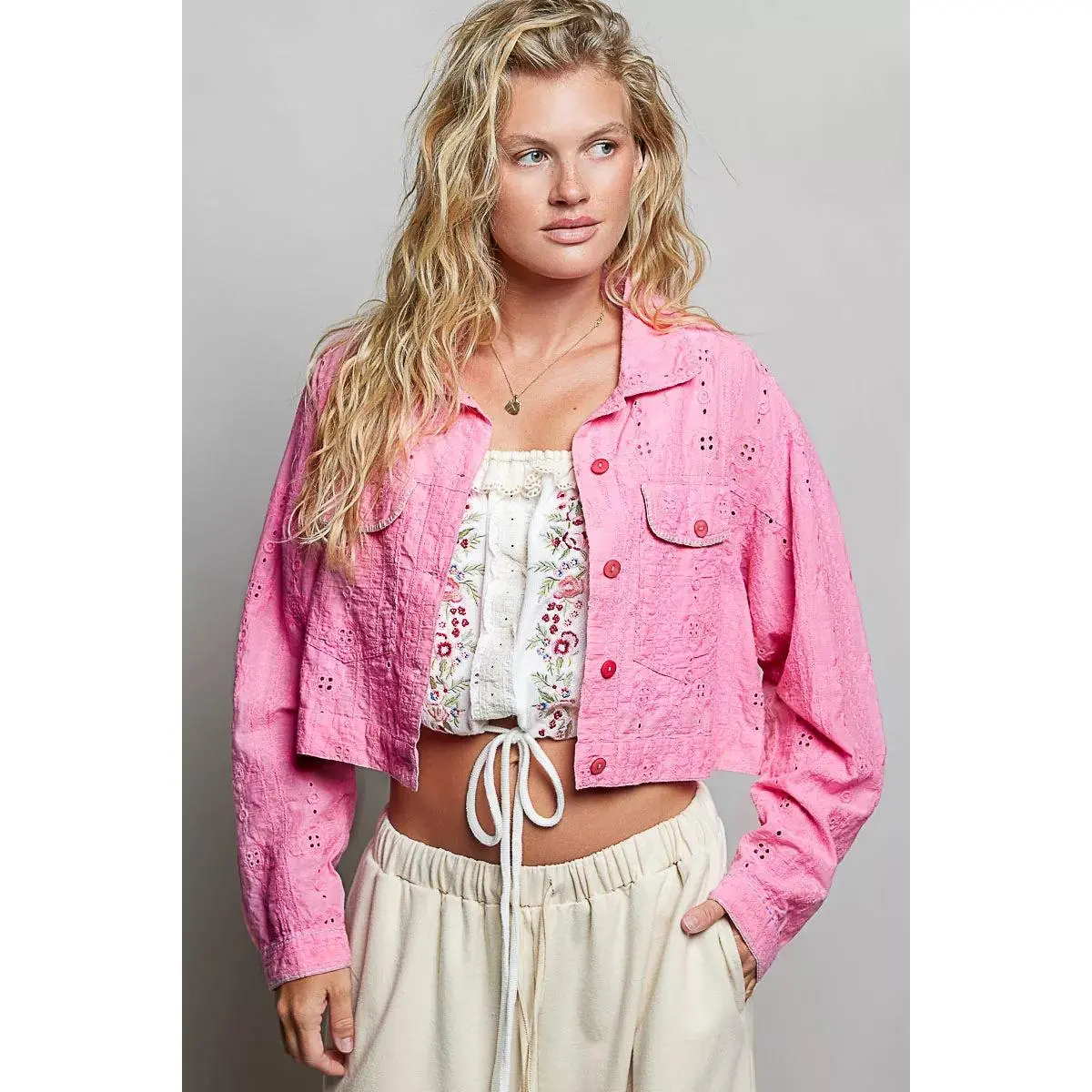 POL Eyelet Textured Cotton Cropped Button-Front Jacket
