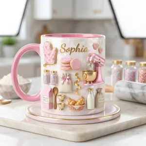 Personalized Baking Mug – Mother's Day Gift Custom Name Coffee Cup, Mother’s Day Gift, Cute Pink Baking Theme 3D Mug for Women
