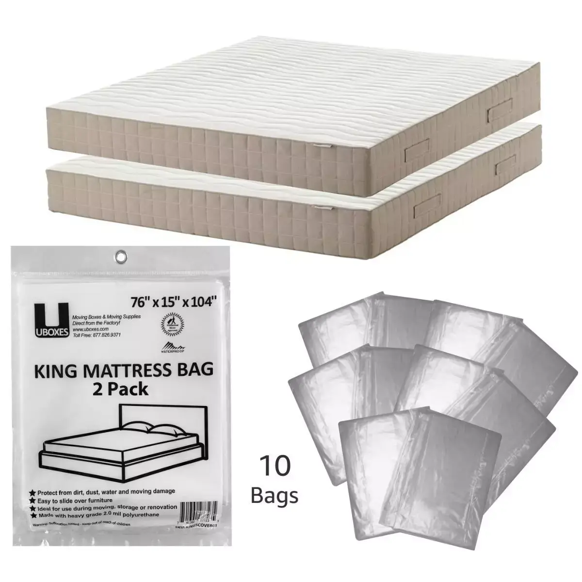 UBMOVE Pack of 10 Durable Moving King Mattress Covers, 2 Mil Thick Poly Mattress Bags, 76 x 15 x 104 in, 76 X 15 X 104 Inch