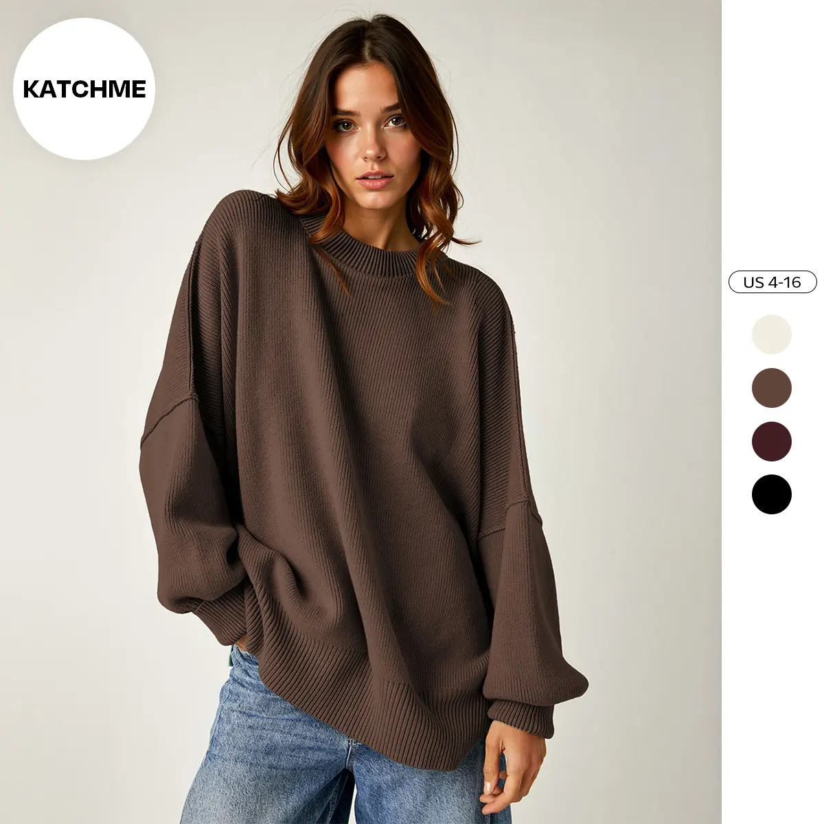 KatchMe Women's Basic Solid Color Crew Neck Long Sleeve Top, Casual Exposed Stitches Side Slit Pullover, Versatile Sweatshirt Top for Fall & Winter