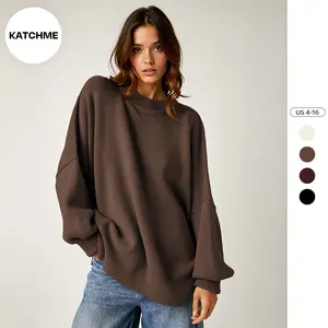 KatchMe Women's Basic Solid Color Crew Neck Long Sleeve Top, Casual Exposed Stitches Side Slit Pullover, Versatile Sweatshirt Top for Fall & Winter