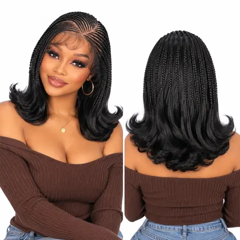 SuperNova Fulani Braided Bob Wig for Black Women | Tyla-Inspired Cornrow Braids, Pre-Cut Lace, Flipped Ends, Baby Hair, Glueless Synthetic Wig, #1B