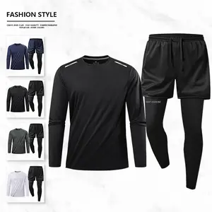 Men's Sports Two-Piece Set with Long-Sleeve Top & Breathable Mesh Shorts Quick-Dry Fabric Reflective Strips Drawstring Waistband for Enhanced Visibility
