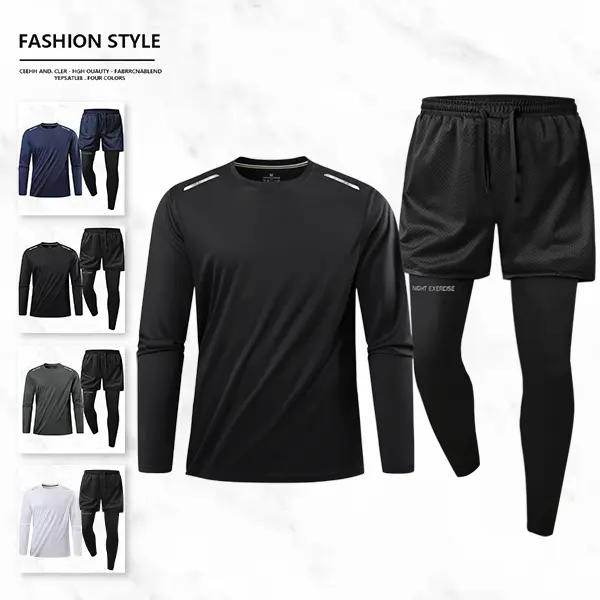 Men's Sports Two-Piece Set with Long-Sleeve Top & Breathable Mesh Shorts Quick-Dry Fabric Reflective Strips Drawstring Waistband for Enhanced Visibility