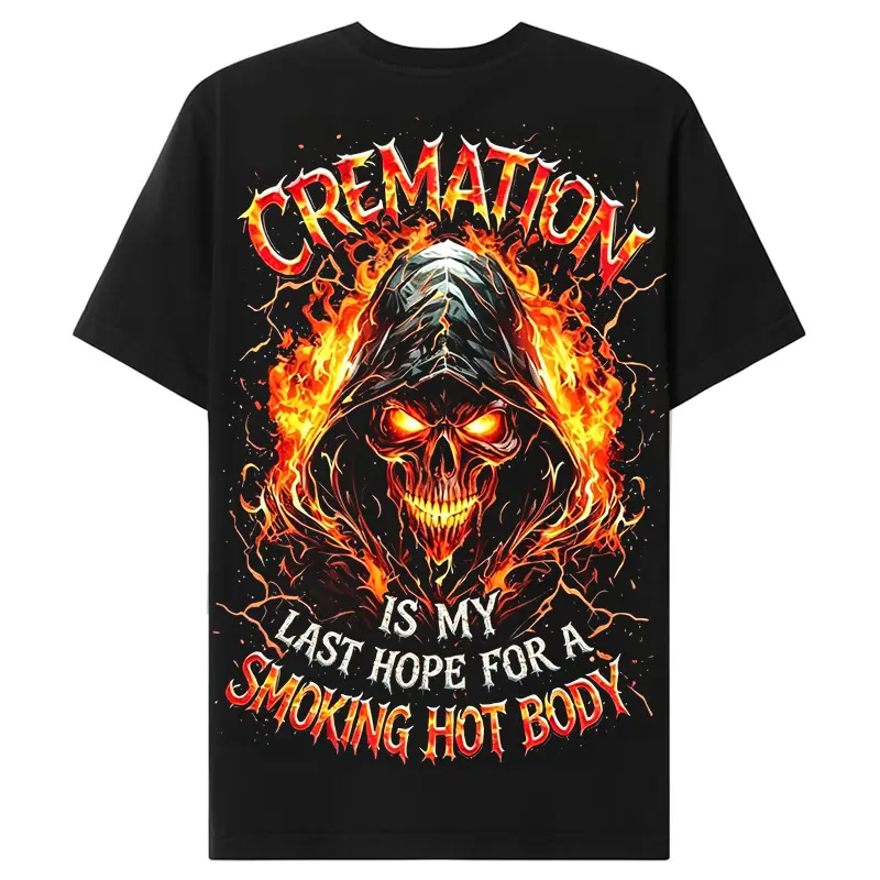 Mens Cotton Short-Sleeve Casual Breathable T-Shirt, Chaosmoda Generation X Custom Year Skull Design, "Cremation Is My Last Hope For A Smoking Hot Body" Vintage Funny Menswear Top, Shortsleeve, Round Neck Crewneck Tropical