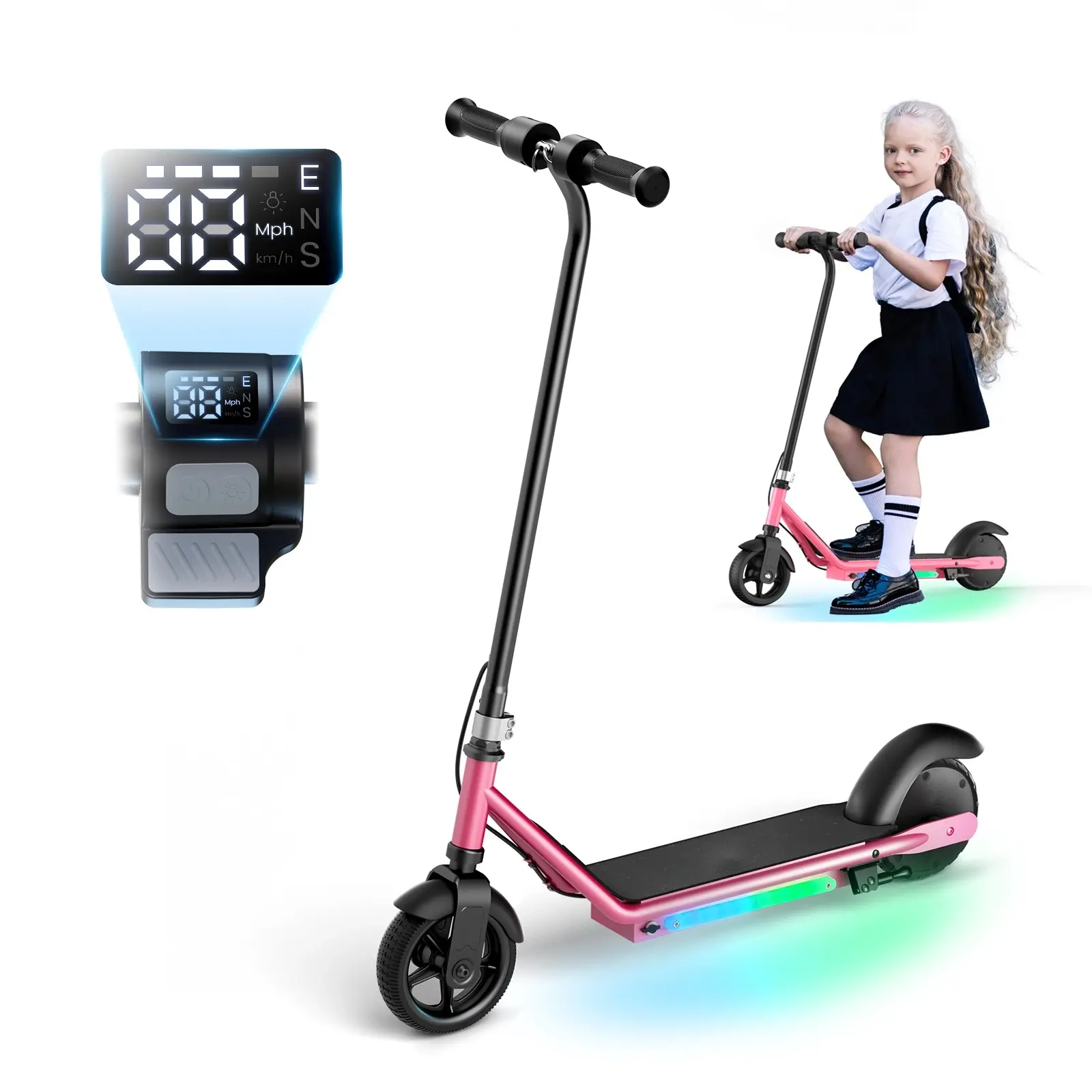 Foldable Kids Electric Scooter Ages 6 - 14, 150W-200W Motor, 3 - Speeds (5/8/12 Mph), Dual Brake, LED Display, Colorful Lights, UL 2272 Certified, 5 - inch Flash Tire, 154lb Max Load