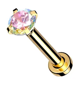 Gold PVD Internally Threaded Rainbow Aurora CZ Prong Mini Disc Labret
