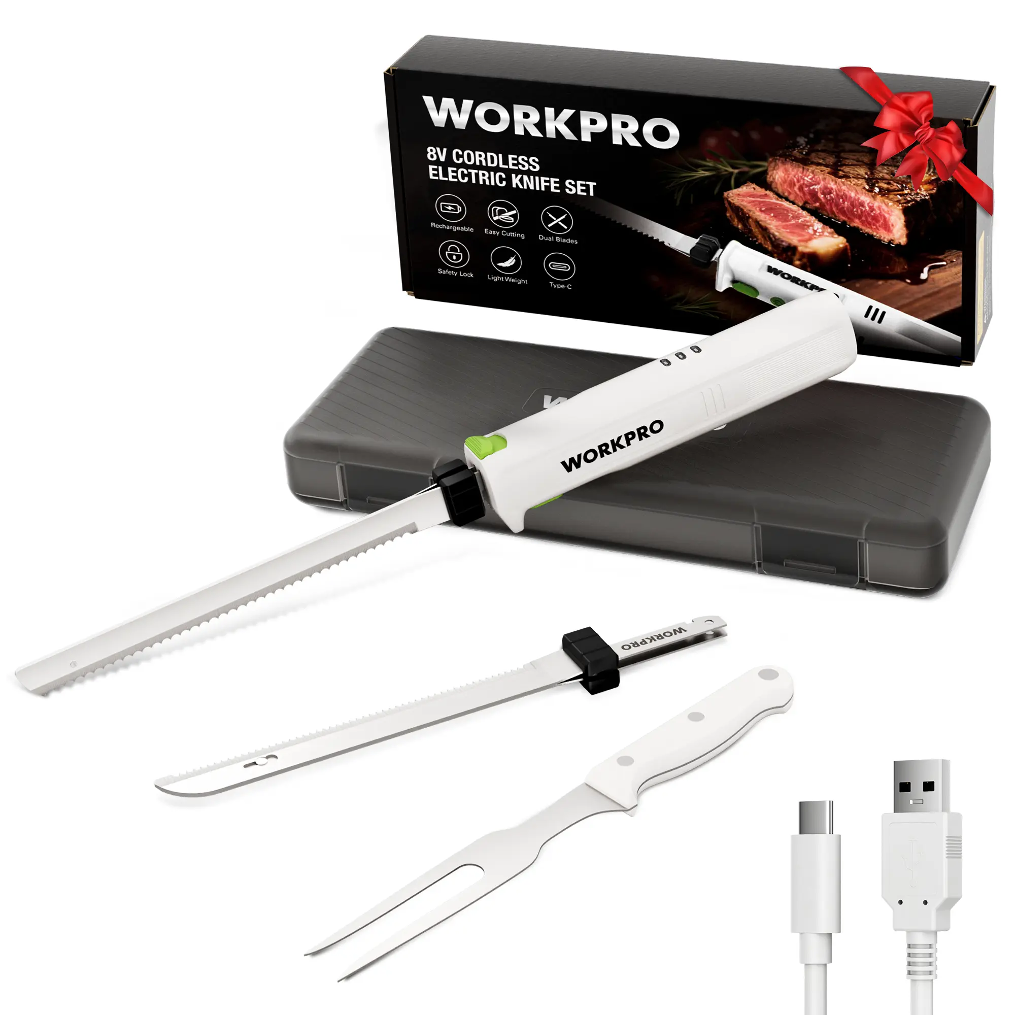 #fathersdaygift WORKPRO Electric Knife for Meat Slicing, Cordless Electric Carving Knife for Turkey, Fish & Bread, Two Stainless Steel Blades, Ergonomic Handle, Storage Case & Serving Fork Included, White