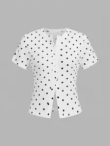 1 Piece Round Neck Short Sleeve Slim Fit Polka Dot Top, Versatile Everyday Essential for All Occasions