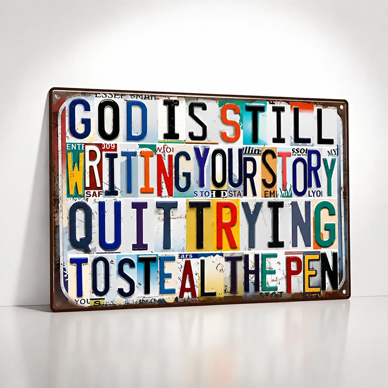 8x12 in Aluminium Christian Wall Plaque - "God Is Still Writing Your Story" Vintage Collage Art, Rustic Door Hanging, Inspiring Faith Home Decor Sign, Religious Gift for Room