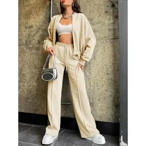 Solid Drop Shoulder Zip Up Jacket &?Drawstring?Pocket Pants Two-Piece Set, Casual Fashion Cozy Breathable Two Piece Outfits for Daily?Yoga Gym Workout?Wear, Women Clothes for Fall & Winter