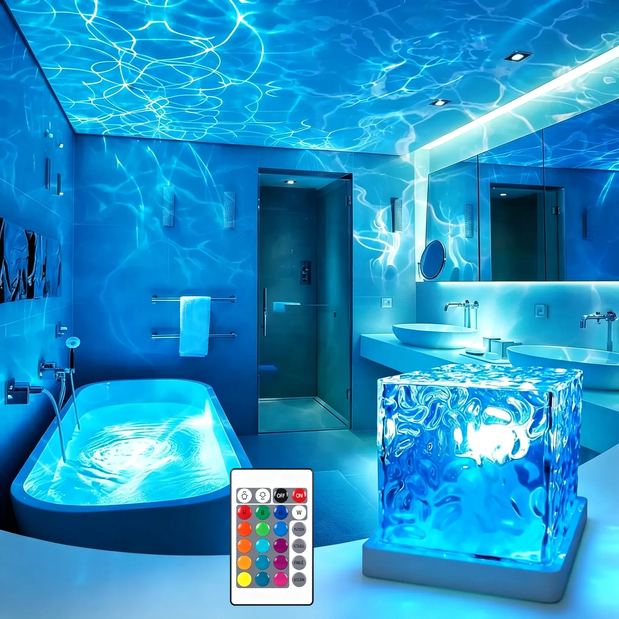 Rechargeable Shower Light No Wiring, 16 Color Changeable Ocean Wave Projector Light, Dimmable Waterproof Shower Lamp with Remote, Rotating Flame Water Ripple Lamp for Shower, Bathroom, Bedroom Decor