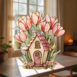 Tulip Cottage House Window Suncatcher, Spring Garden Hanging Decor