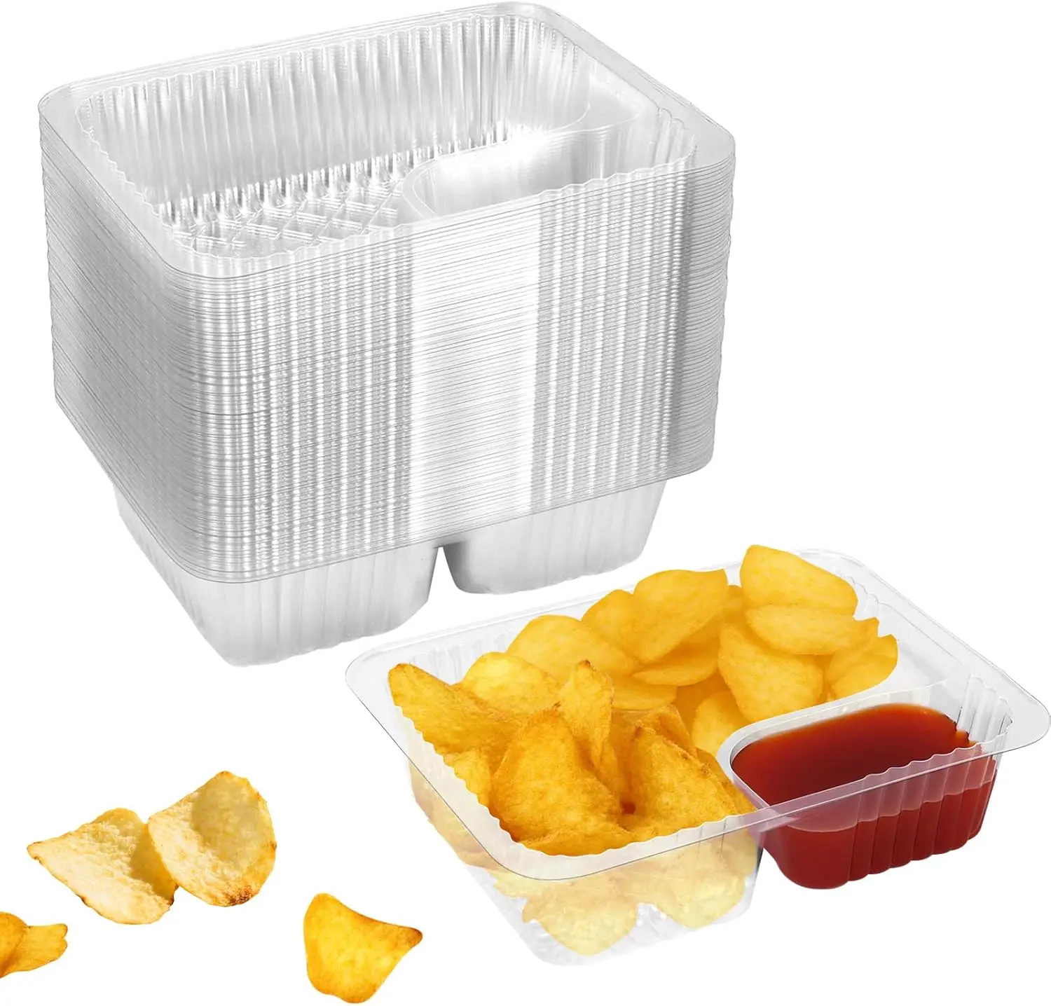 100 Pack 12 oz Plastic Nacho Trays, 6.5 x 5 Inch 2 Compartment Disposable Snack Trays with Dip Section for Nachos, Fries, Concessions, Parties & Movie Nights