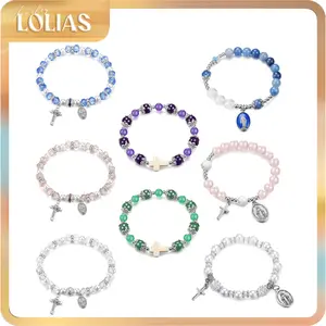LOLIAS 8-Pcs Catholic Rosary Beads Stretch Bracelets for Women, Dainty Crystal Cross Charm Bracelet with Crucifix Medal, Tiger Eye Stone Jewelry
