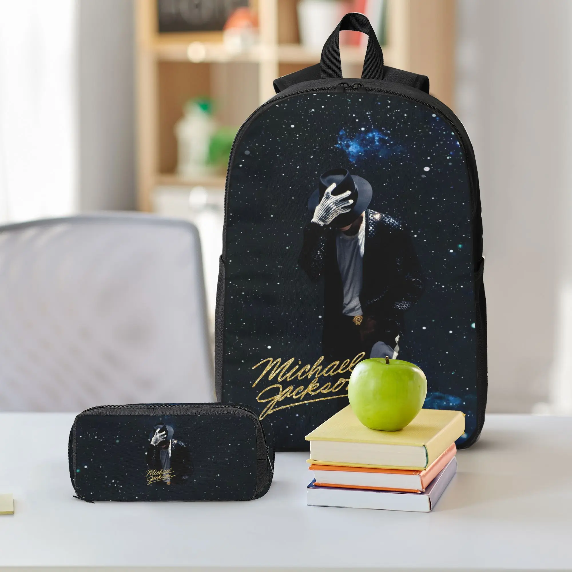 Michael Jackson Galaxy Theme 3-Piece Oxford Poly Backpack Set - Vintage King of Pop Graphic Print Bookbag with Insulated Lunch Bag & Pencil Pouch for Teen Music Fans